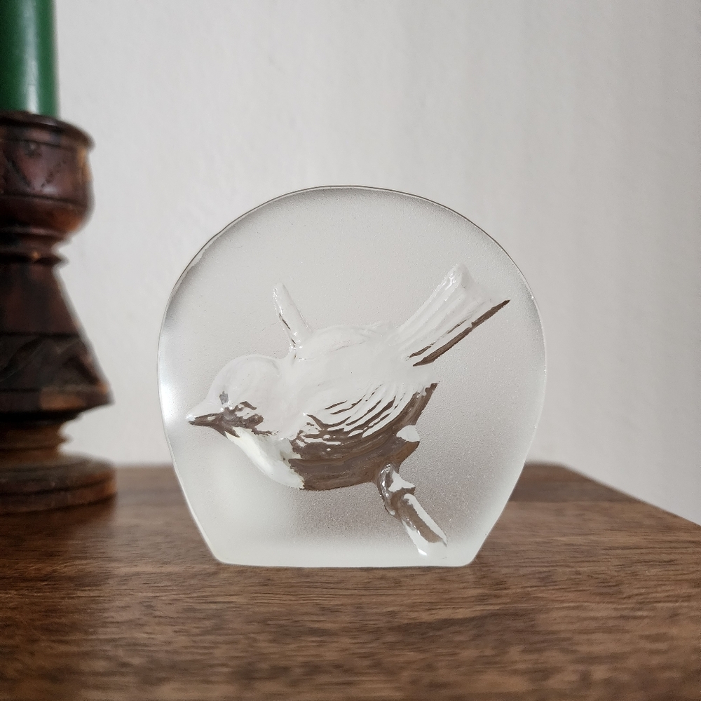 Zabrowice Bird Etched Paperweight Crystal Art Glass